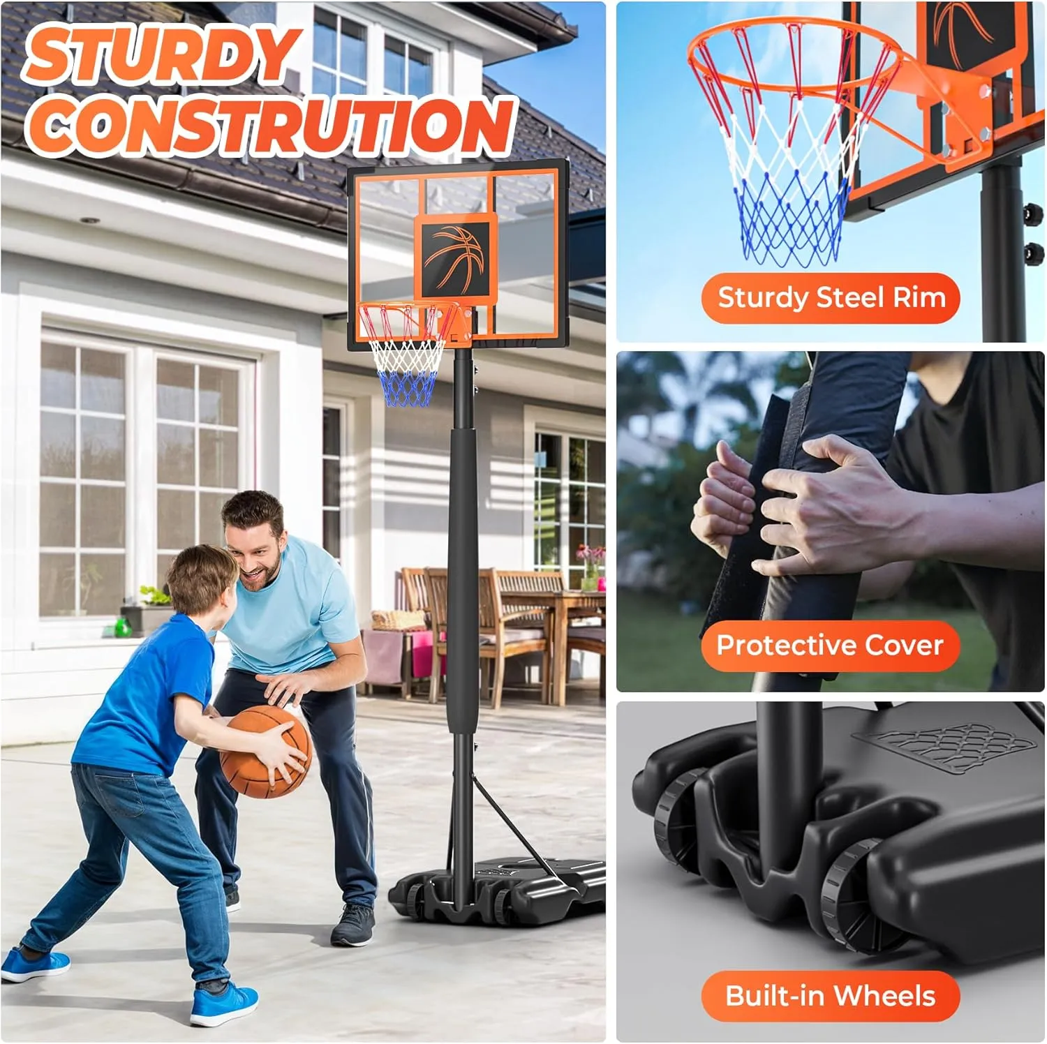 10 FT Basketball Hoop Outdoor Portable Basketball Goals Adjustable Height for Adults Youth in Backyard, Driveway, Indoor, 44 Inch Pc Shatterproof Backboard