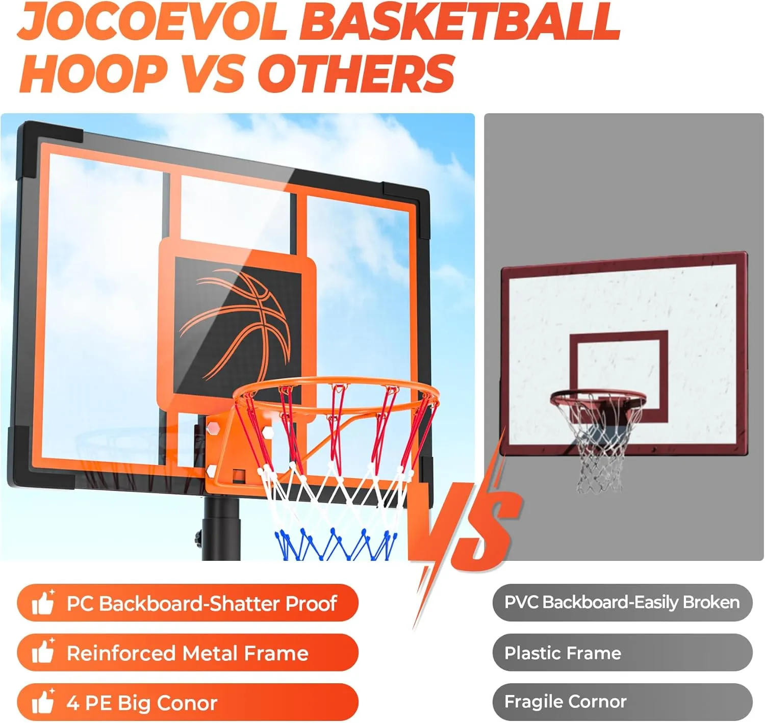 10 FT Basketball Hoop Outdoor Portable Basketball Goals Adjustable Height for Adults Youth in Backyard, Driveway, Indoor, 44 Inch Pc Shatterproof Backboard