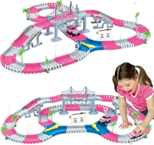 168 PCS Pink Magic Bendable Race Track Toy, Snap Together Create a Road Flexible Track Car Set for Toddlers, Kids, Boys, and Girls