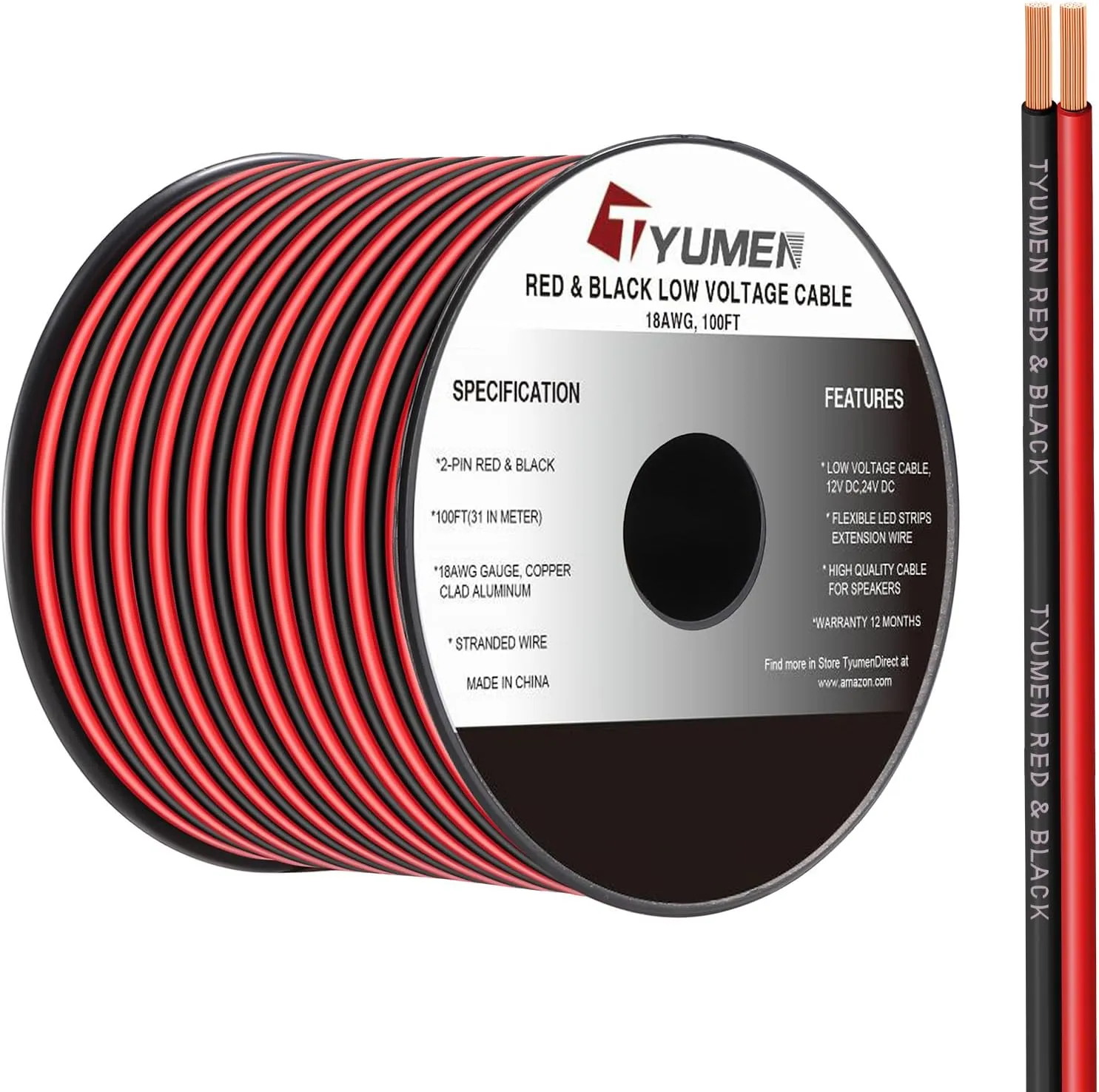 18 Gauge Wire 100FT, 18/2 AWG Red Black Hookup Electrical Wire LED Strips Extension Cord 12V/24V DC Cable, 18AWG 2 Conductors Flexible Wire for LED Ribbon Lamp Tape Lighting