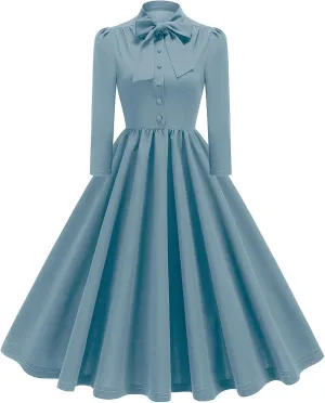1950s Dresses for Women Vintage Rockabilly Retro 3/4 Puff Sleeve Tie Midi Dress Cocktail Party Evening Prom Gown
