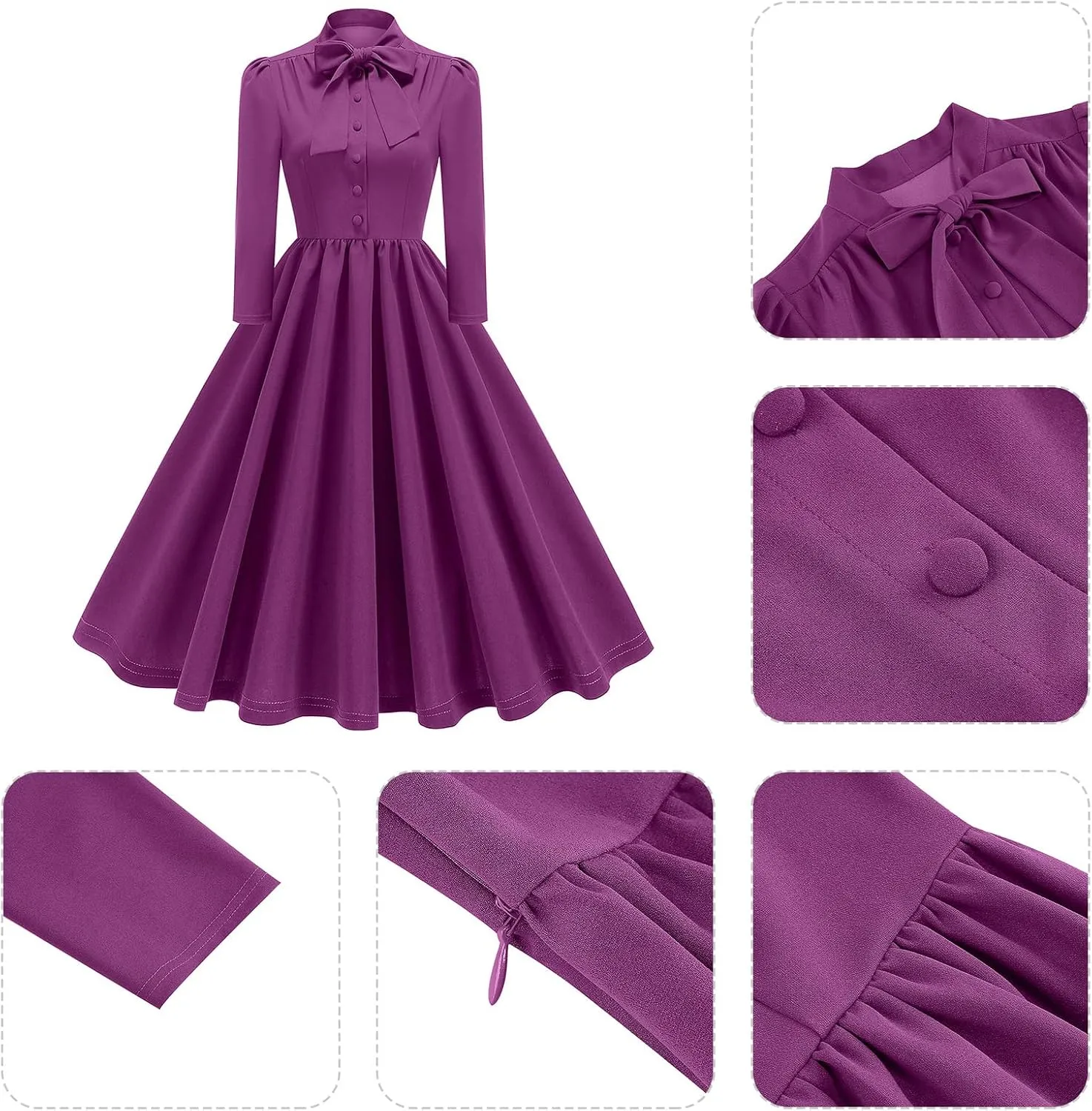 1950s Dresses for Women Vintage Rockabilly Retro 3/4 Puff Sleeve Tie Midi Dress Cocktail Party Evening Prom Gown
