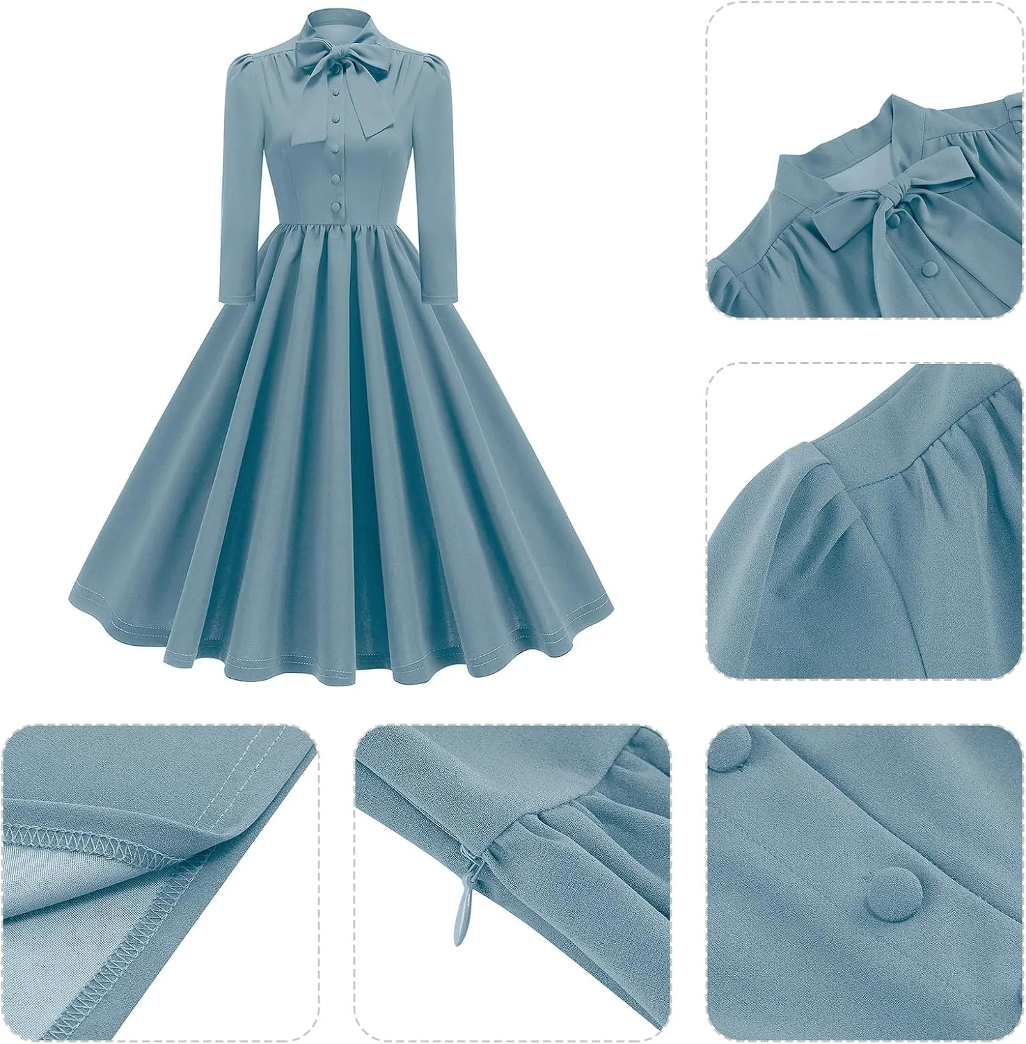 1950s Dresses for Women Vintage Rockabilly Retro 3/4 Puff Sleeve Tie Midi Dress Cocktail Party Evening Prom Gown