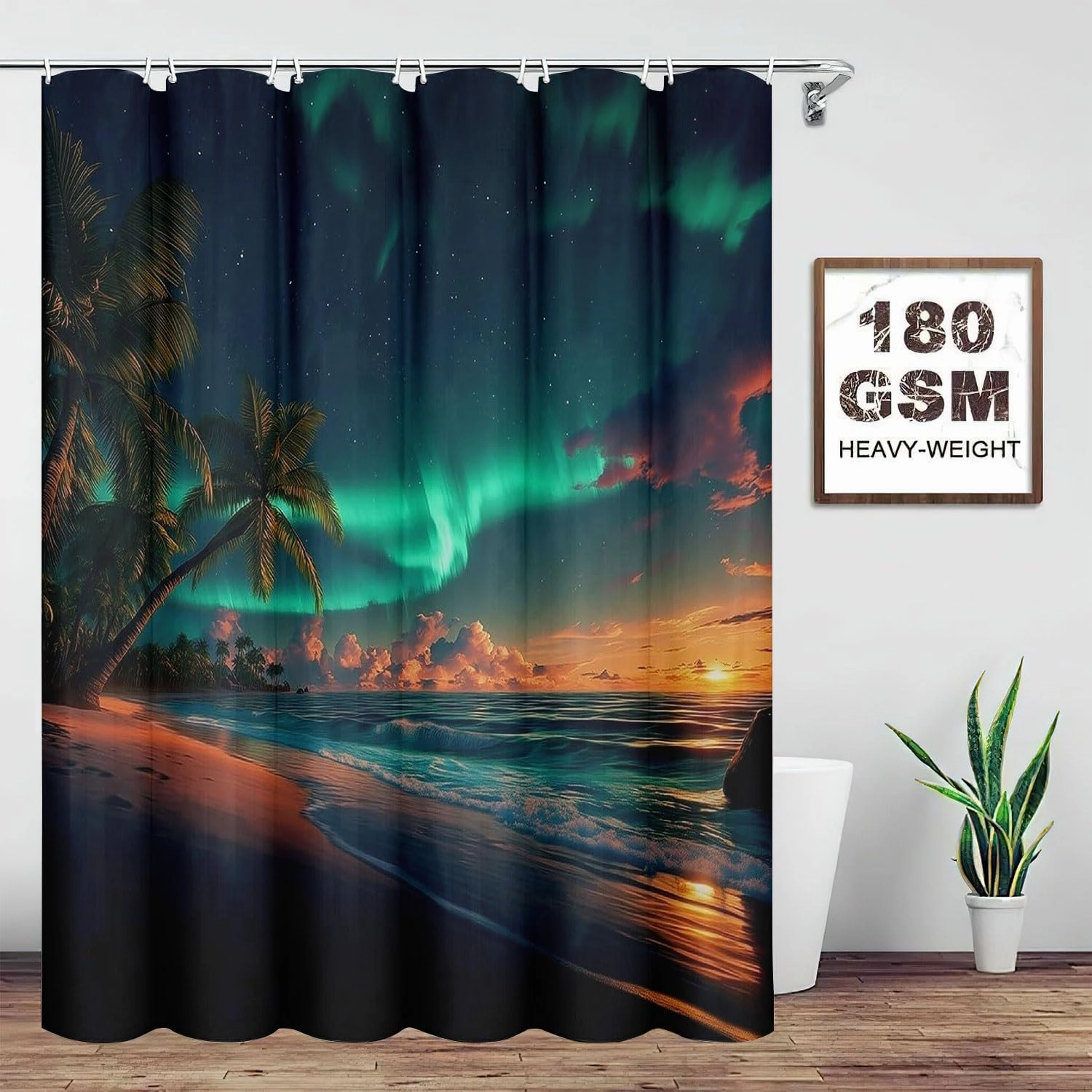 1/3/4PCS Northern Lights Ocean Beach Night View Landscape Shower Curtain Set with Bath Mat Rug,U-Shape Mat,Toilet Lid Cover and 12 Hooks,Bathroom Home Decor Accessories (4Pcs Full Sets)