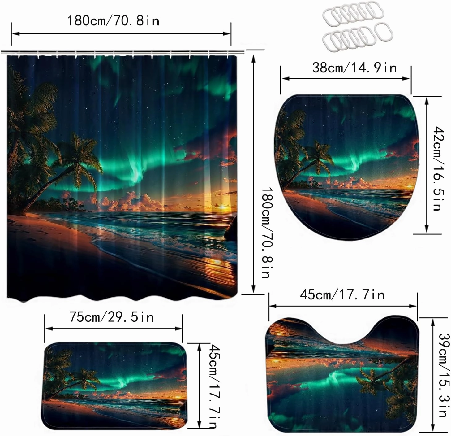 1/3/4PCS Northern Lights Ocean Beach Night View Landscape Shower Curtain Set with Bath Mat Rug,U-Shape Mat,Toilet Lid Cover and 12 Hooks,Bathroom Home Decor Accessories (4Pcs Full Sets)