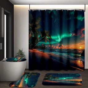 1/3/4PCS Northern Lights Ocean Beach Night View Landscape Shower Curtain Set with Bath Mat Rug,U-Shape Mat,Toilet Lid Cover and 12 Hooks,Bathroom Home Decor Accessories (4Pcs Full Sets)