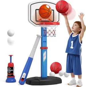 2 in 1 Kids Basketball Hoop and T Ball Set - Adjustable Height, Kids Baseball Tee with Automatic Pitching Machine, Indoor Outdoor Sport Toys Gifts for Toddler Boys Girls Age 1-5, Blue