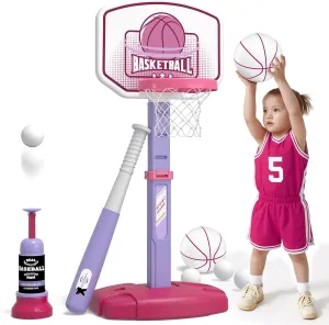 2 in 1 Toddler Basketball Hoop and T Ball Set with Automatic Pitching Machine - Adjustable Height, Kids Basketball Hoop Suit for Indoor/Outdoor, Sport Toys Gifts for Girls Age 3-8, Pink