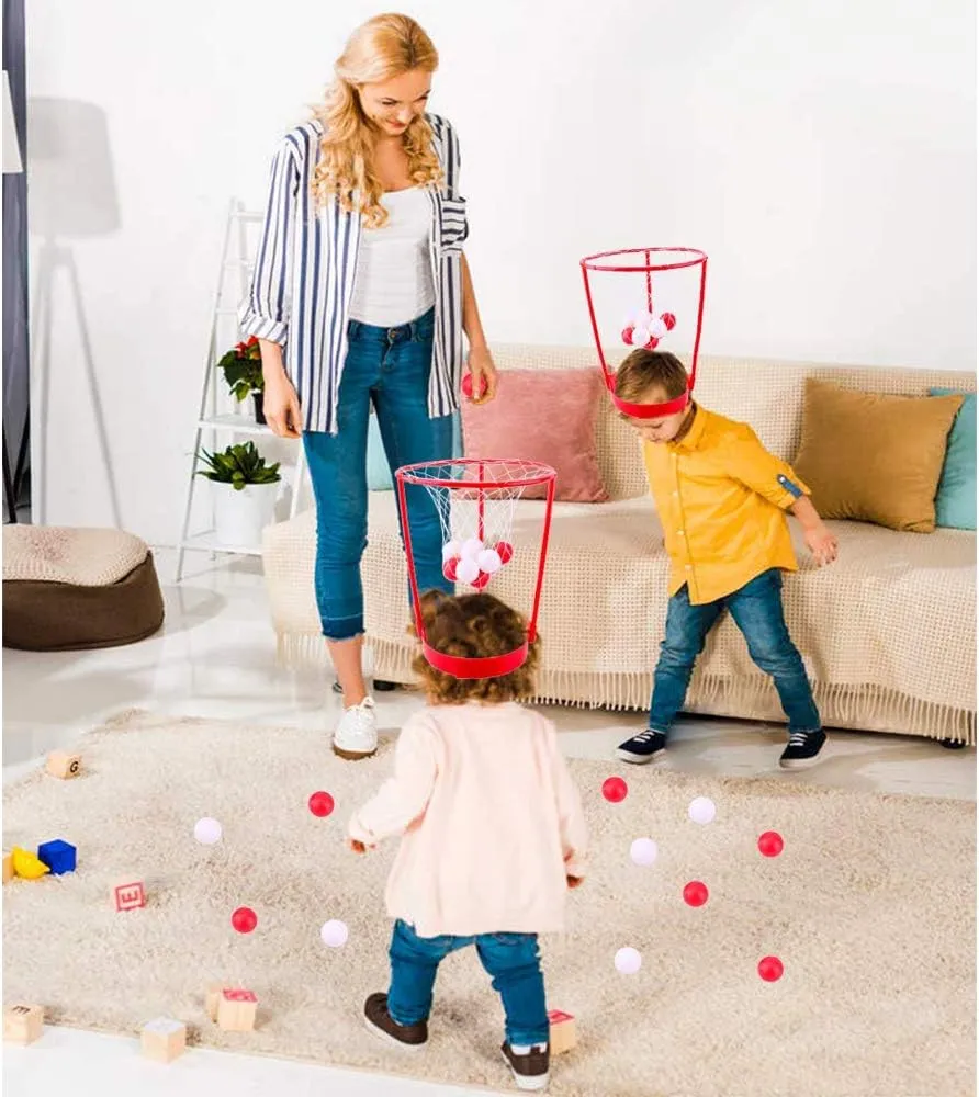2 Pack Head Hoop Basketball Party Game for Kids and Adults, Adjustable Basket Net Headband with 20 Balls for Carnival Party Birthday Party Family Indoor Outdoor Game