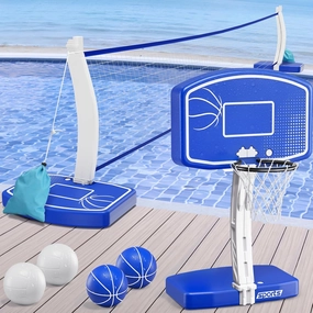 2-in-1 Pool Basketball Hoop and Volleyball Net, Pool Volleyball & Poolside Basketball Game Set for Inground Swimming Pool, Summer Outdoor Water Games Toys for Kids Teens Adults Family