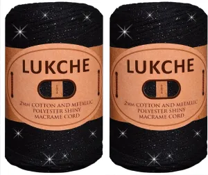 2mm Cotton Sparkle Macrame Cord 224 Yards, Colorful Crochet Macrame Cord for Wall Hangings, Bags, Plant Holders, Rugs, Polypropylene Rope (2 Skein, Black)