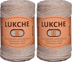 2mm Cotton Sparkle Macrame Cord 224 Meters, Colorful Crochet Macrame Cord for Wall Hangings, Bags, Plant Holders, Rugs, Polypropylene Supplies (2 Skein, Beige Gold)