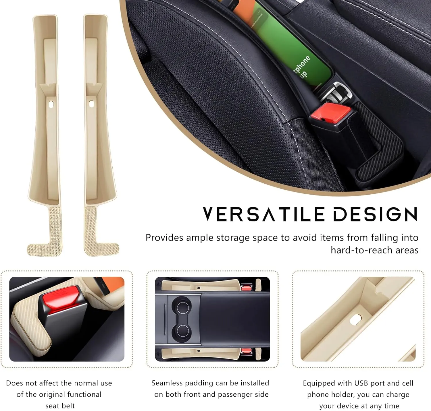 2PCS Car Seat Gap Filler Organizer, Multifunctional Seat Side Gap Stopper with Phone Holder, Automotive Storage Box Inserts Between Seats Console Prevent Items from Falling (Beige)