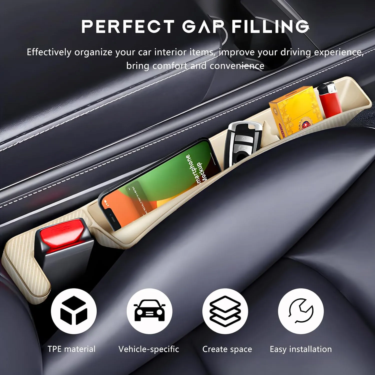 2PCS Car Seat Gap Filler Organizer, Multifunctional Seat Side Gap Stopper with Phone Holder, Automotive Storage Box Inserts Between Seats Console Prevent Items from Falling (Beige)