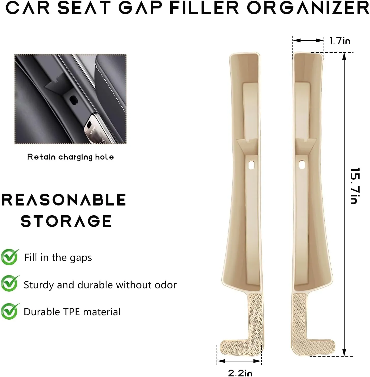 2PCS Car Seat Gap Filler Organizer, Multifunctional Seat Side Gap Stopper with Phone Holder, Automotive Storage Box Inserts Between Seats Console Prevent Items from Falling (Beige)