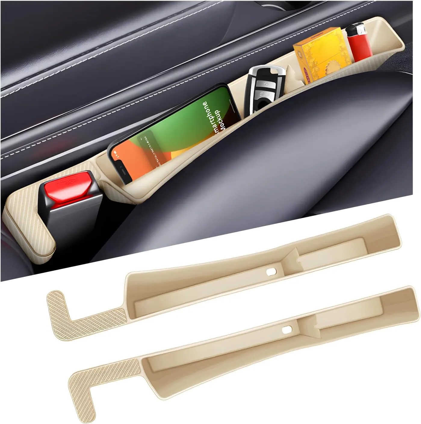 2PCS Car Seat Gap Filler Organizer, Multifunctional Seat Side Gap Stopper with Phone Holder, Automotive Storage Box Inserts Between Seats Console Prevent Items from Falling (Beige)