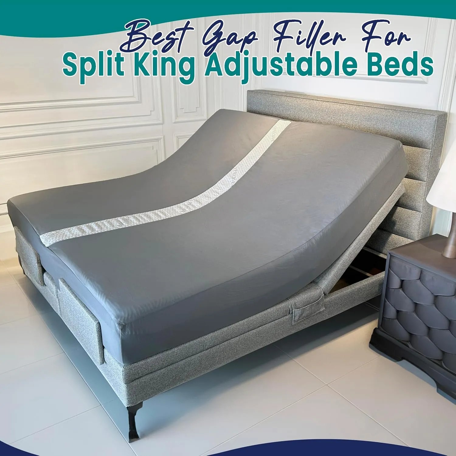 3-in-1 Fitted Sheet Attached Bed Bridge Twin (XL) to King Converter Kit with Sheet Strap Set | Split King Gap Filler for Adjustable Bed | Grey