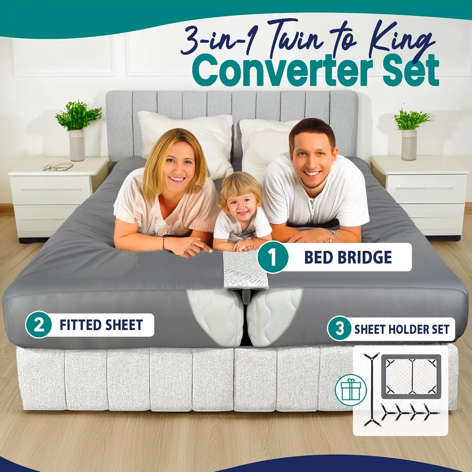 3-in-1 Fitted Sheet Attached Bed Bridge Twin (XL) to King Converter Kit with Sheet Strap Set | Split King Gap Filler for Adjustable Bed | Grey