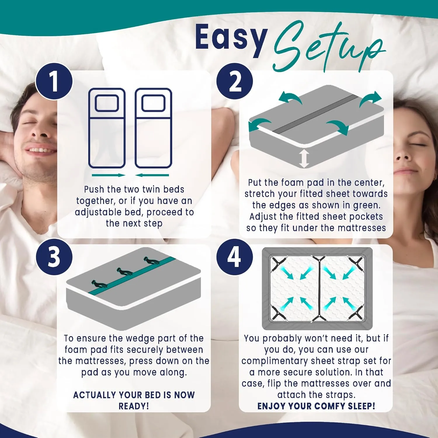 3-in-1 Fitted Sheet Attached Bed Bridge Twin (XL) to King Converter Kit with Sheet Strap Set | Split King Gap Filler for Adjustable Bed | Grey