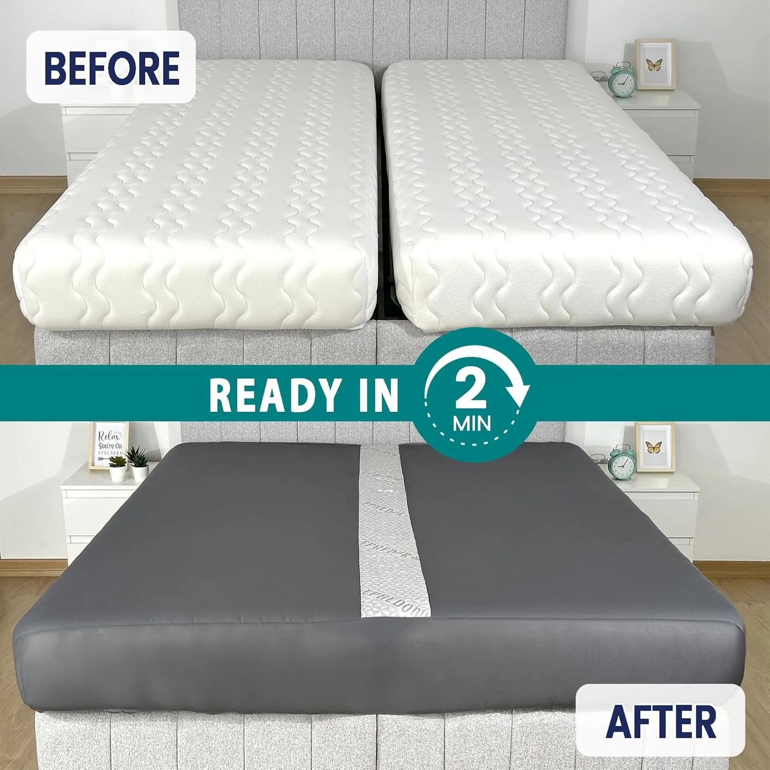 3-in-1 Fitted Sheet Attached Bed Bridge Twin (XL) to King Converter Kit with Sheet Strap Set | Split King Gap Filler for Adjustable Bed | Grey