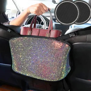 3 Pack Bling Car Mesh Organizer,Seat Back Net Bag,Barrier of Backseat Pet Kids,Cargo Tissue Purse Holder,Driver Storage Netting Pouch with 2PCS Crystal Diamonds Cup Holder (colorful)