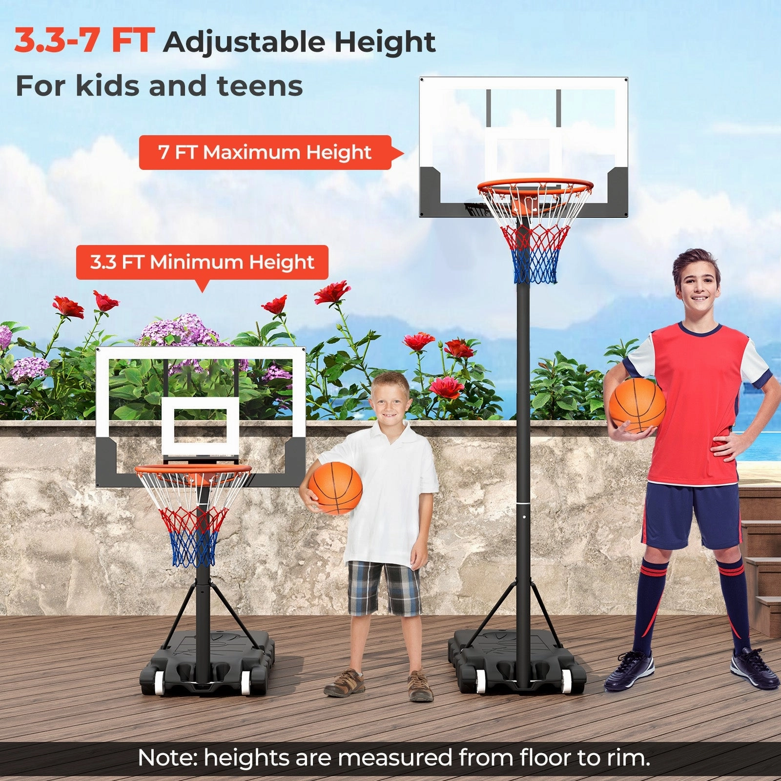 3.3-7 Feet Portable Adjustable Outdoor Kids Basketball Hoop Goal System-White