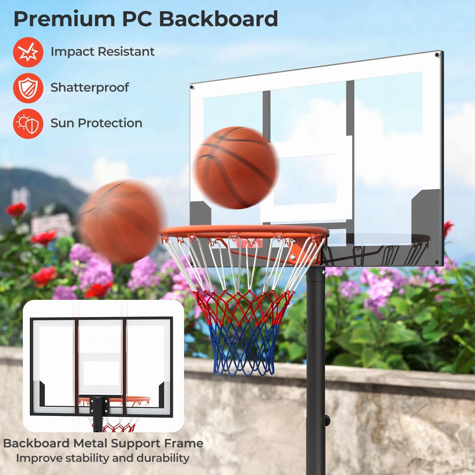 3.3-7 Feet Portable Adjustable Outdoor Kids Basketball Hoop Goal System-White