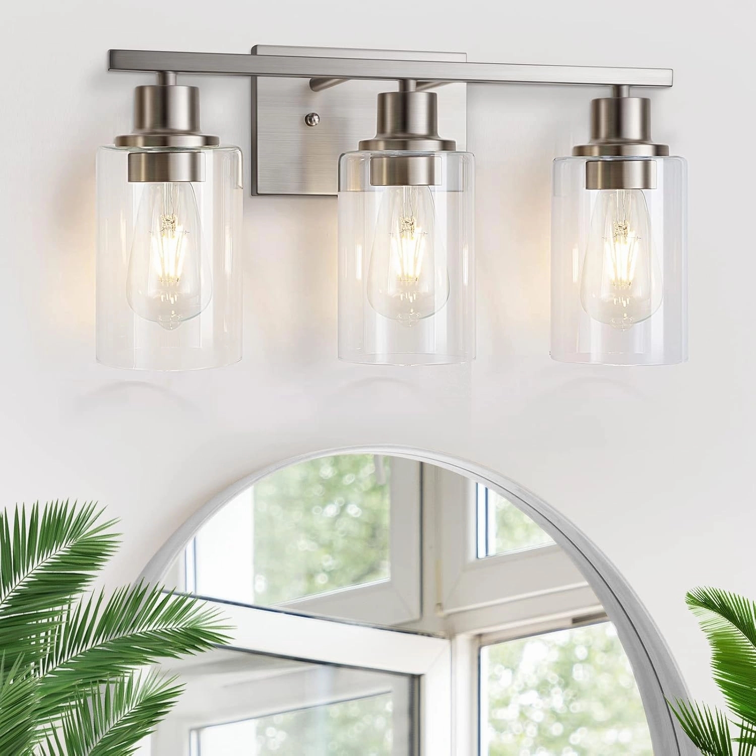 3-Light Bathroom Vanity Light Fixtures, Brushed Nickel Wall Sconce Lighting Modern Wall Light with Clear Glass Shade, Porch Wall Lamp Mounted Lights Over Mirror for Living Room, Bedroom, Hallway