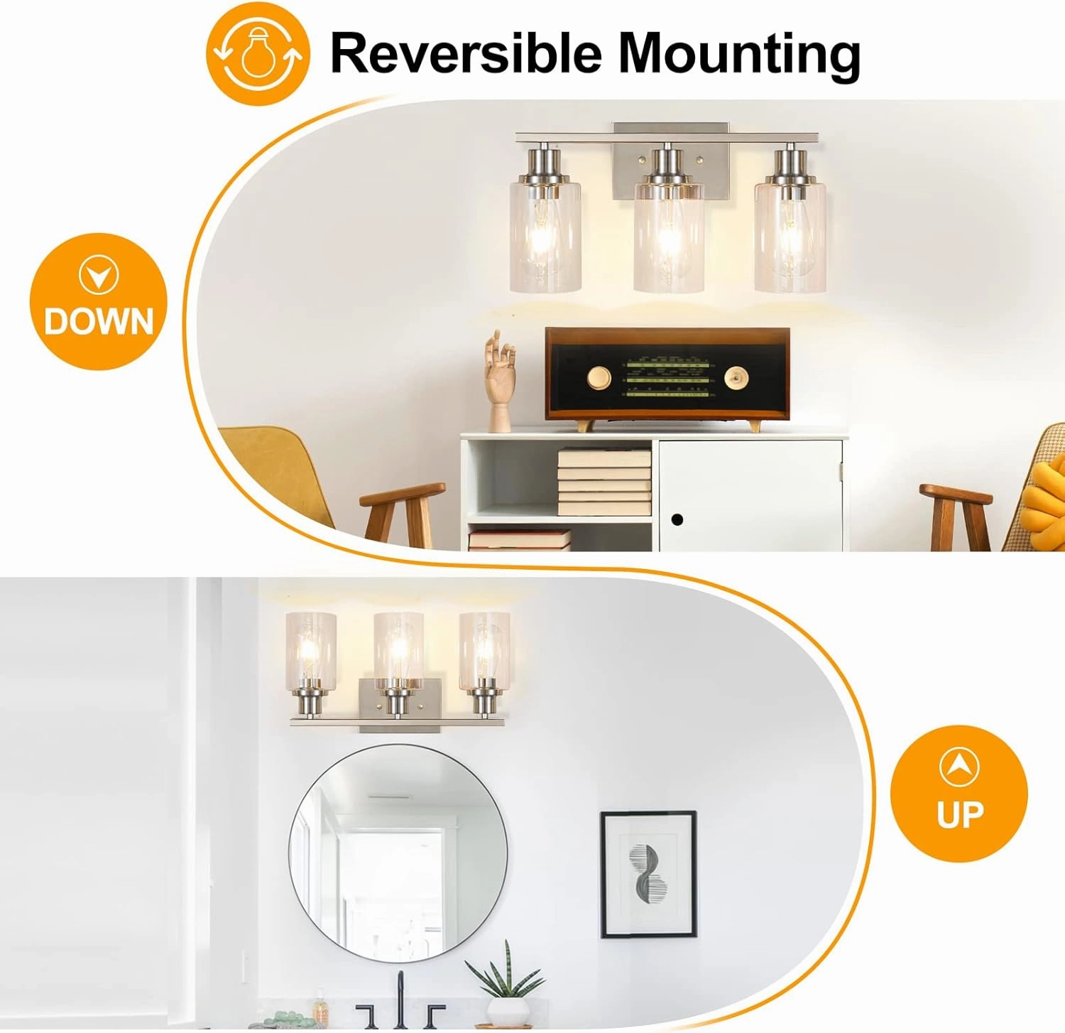 3-Light Bathroom Vanity Light Fixtures, Brushed Nickel Wall Sconce Lighting Modern Wall Light with Clear Glass Shade, Porch Wall Lamp Mounted Lights Over Mirror for Living Room, Bedroom, Hallway