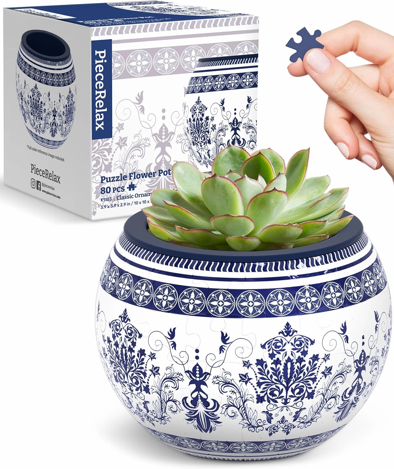 3D Puzzle Planter - Classic Ornamental Style - Small Round Plant Pots with Drainage, Home Decor Flower Pots for Indoor Cactus, Succulents Pots [K1103]