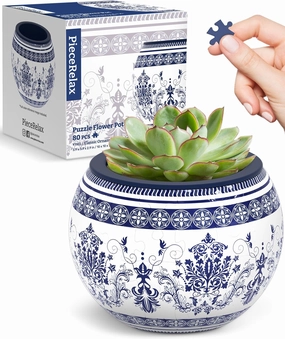 3D Puzzle Planter - Classic Ornamental Style - Small Round Plant Pots with Drainage, Home Decor Flower Pots for Indoor Cactus, Succulents Pots [K1103]