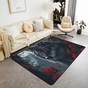 3D Wolf Area Rug,Red Rose Carpet,Jungle Indoor Floor Mat,Wild Animal Theme Decorative Rug for Port Gym Swim Yoga Camping Traveling Trip,6'6" x 4'11",Black Grey Red