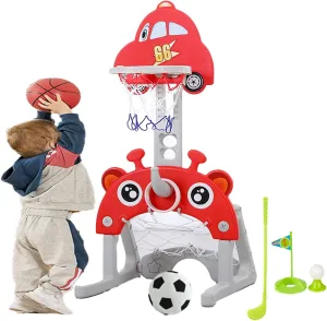 4 in 1 Adjustable Height Basketball Hoop for Toddler 3-5, Indoor Sports Toy Set, Best Sports Toys (Red)