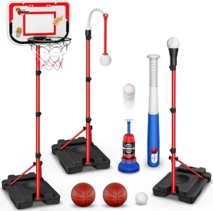 4 in 1 Kids Basketball Hoop and T-Ball Set - Adjustable Hanging T-Ball Stand with Automatic Pitching Machine, Indoor Outdoor Sports Toys, Christmas Birthday Gifts for Boys Girls Ages 3-8