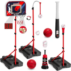 4 in 1 Kids Basketball Hoop and Tball Set for Toddlers 3-5, Adjustable Hanging Tee Ball Stand with Automatic Pitching Machine, Indoor Outdoor Sport Toys Christmas Birthday Gifts for Boys Girls
