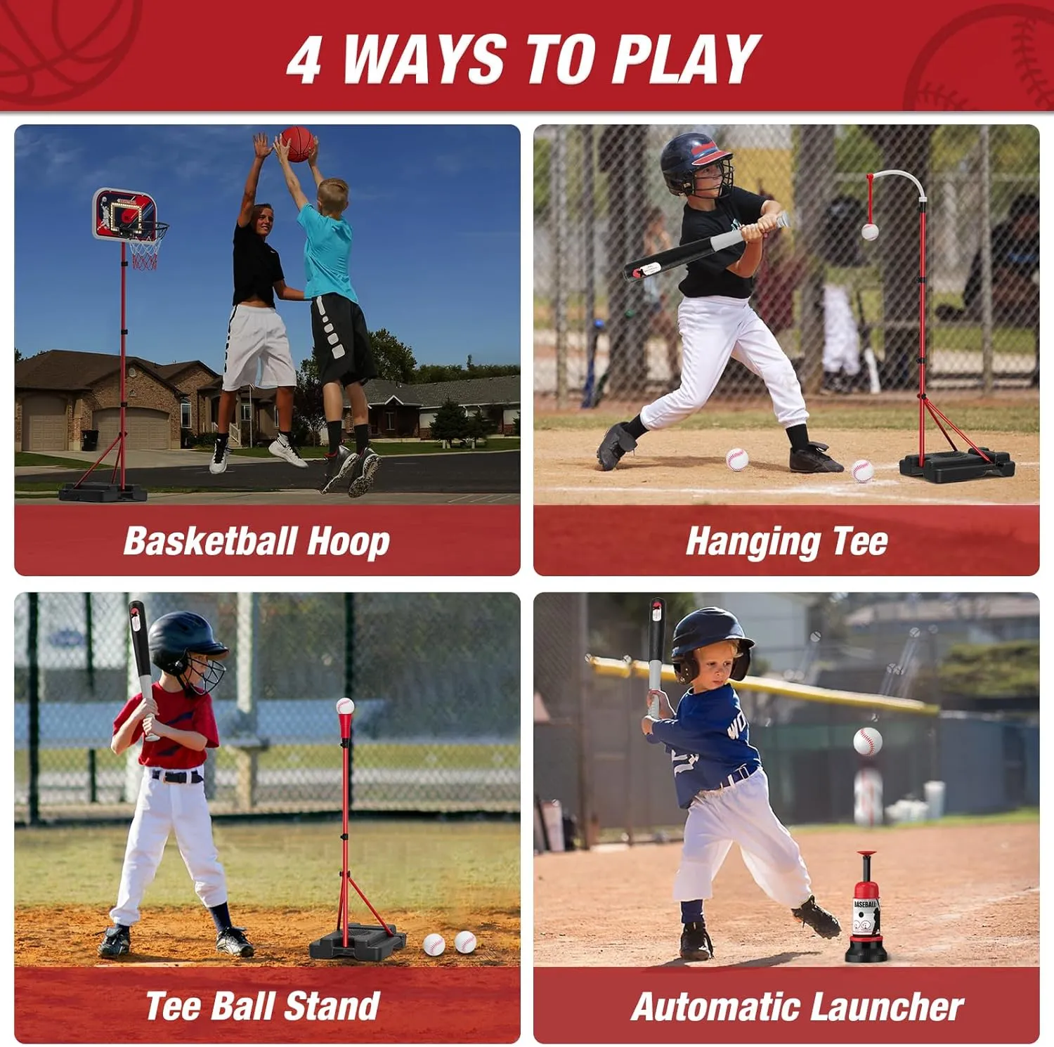 4 in 1 Kids Basketball Hoop and Tball Set for Toddlers 3-5, Adjustable Hanging Tee Ball Stand with Automatic Pitching Machine, Indoor Outdoor Sport Toys Christmas Birthday Gifts for Boys Girls