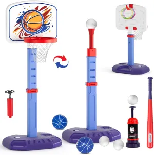 4 in 1 Toddler Kids Basketball Hoop, T Ball Set and Ring Toss Game, Adjustable Height Up to 55", Baseball Tee with Automatic Pitching Machine, Indoor Outdoor Sport Toy Gift for Boy Girl Age 1-10, Blue