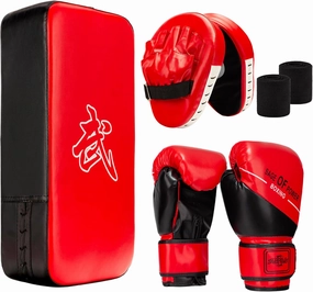 4-in-1 Kids Boxing Pads Gloves Kick Punching Mitts Set, Leather Hand Target Focus Pads, MMA Muay Thai Pads for Kicking Taekwondo Karate Kickboxing, Youth Boxing Training Sparring Gear Equipment