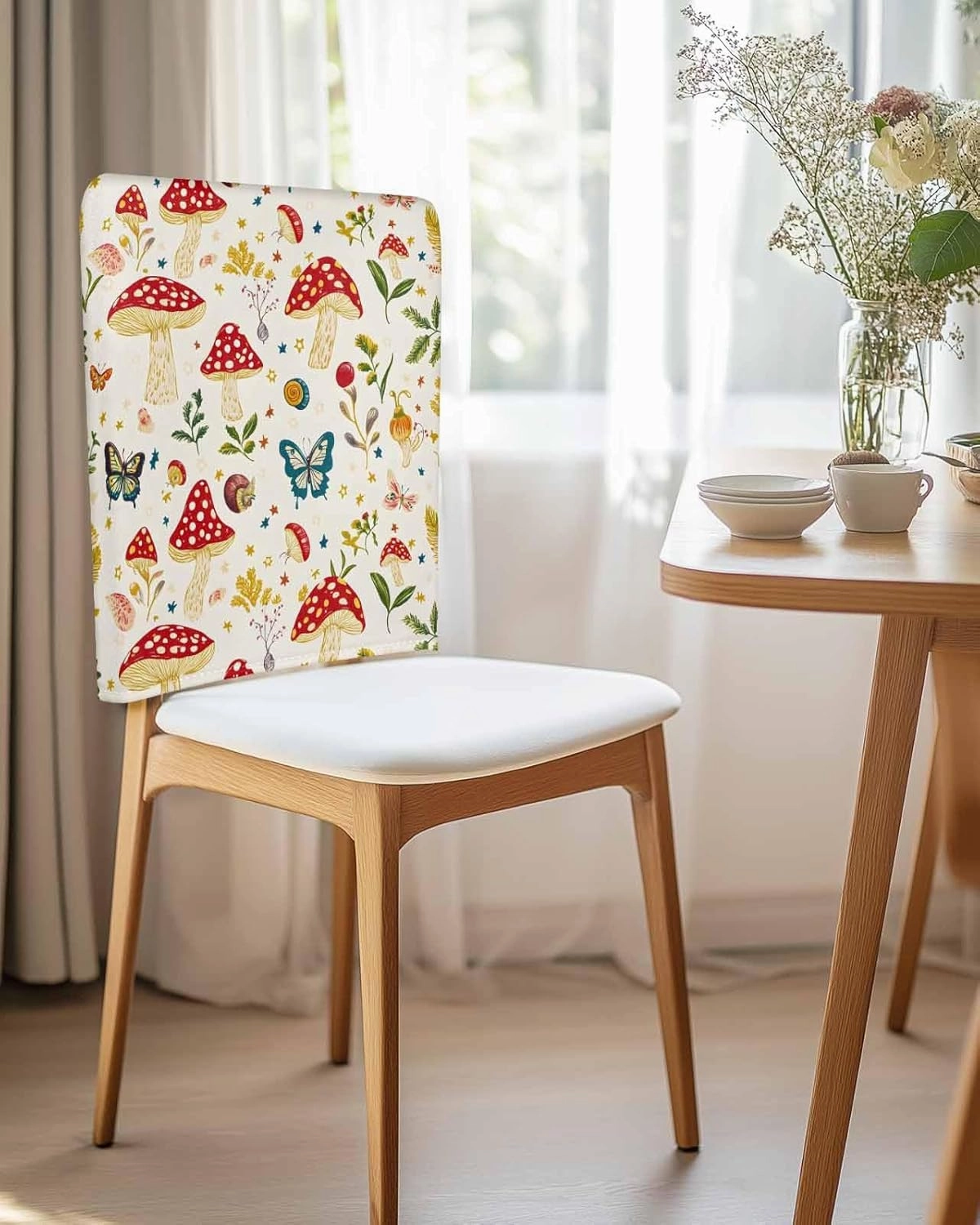 4Pack Dining Room Chair Back Covers Village Farm Mushroom Stretch Spandex Chair Cover Washable Slipcovers, Country Leaf Butterfly Removable Furniture Protectors for Home Kitchen Wedding Party