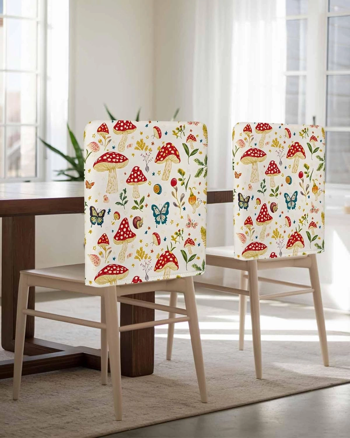 4Pack Dining Room Chair Back Covers Village Farm Mushroom Stretch Spandex Chair Cover Washable Slipcovers, Country Leaf Butterfly Removable Furniture Protectors for Home Kitchen Wedding Party