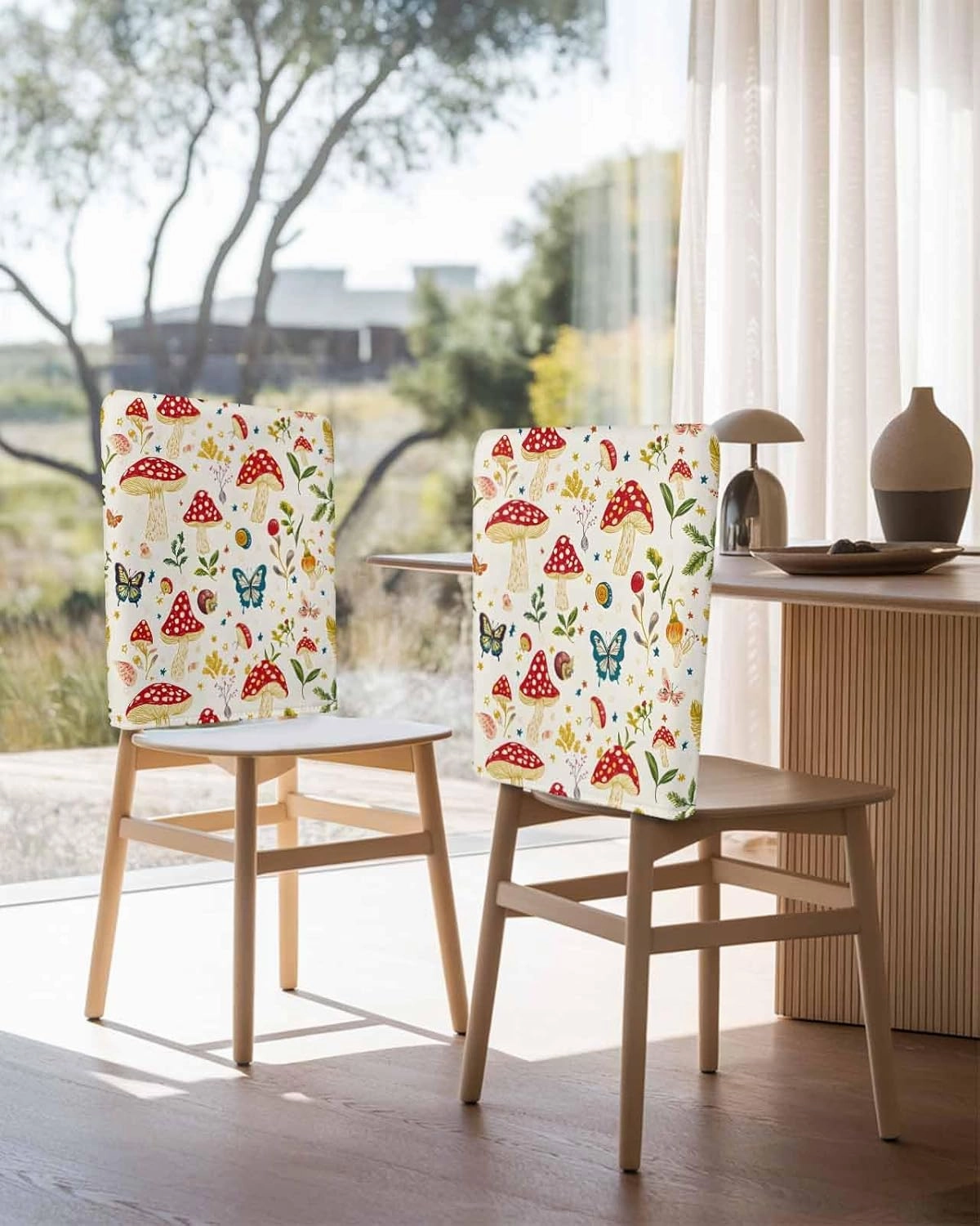 4Pack Dining Room Chair Back Covers Village Farm Mushroom Stretch Spandex Chair Cover Washable Slipcovers, Country Leaf Butterfly Removable Furniture Protectors for Home Kitchen Wedding Party
