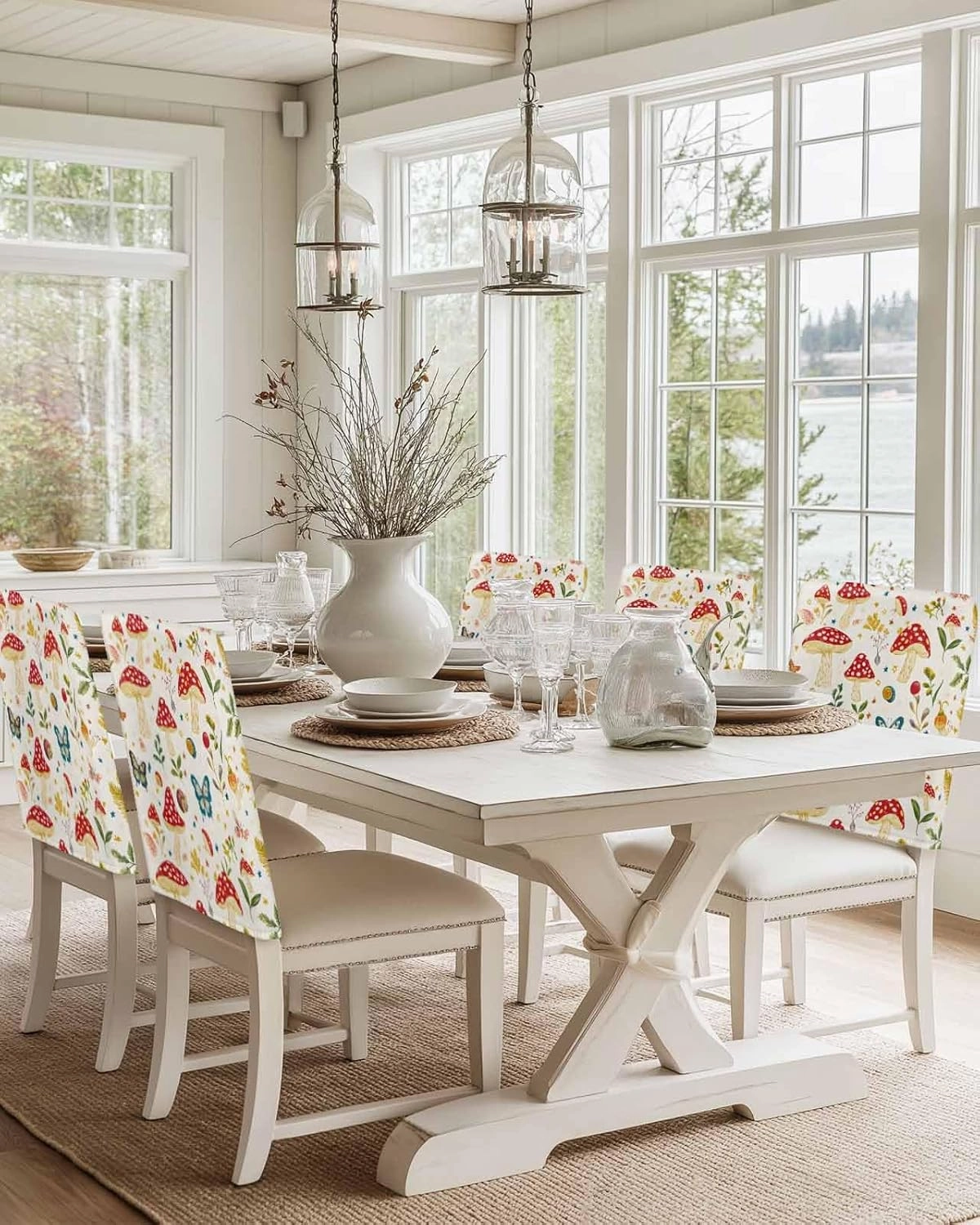 4Pack Dining Room Chair Back Covers Village Farm Mushroom Stretch Spandex Chair Cover Washable Slipcovers, Country Leaf Butterfly Removable Furniture Protectors for Home Kitchen Wedding Party
