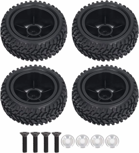 4PCS RC Tires and Wheel Set, 10 Spoke Plastic Wheel Rims with Rubber Tires, Install RC Replacement Tyres for 1/16 RC Car, Abrasion, Stable Driving