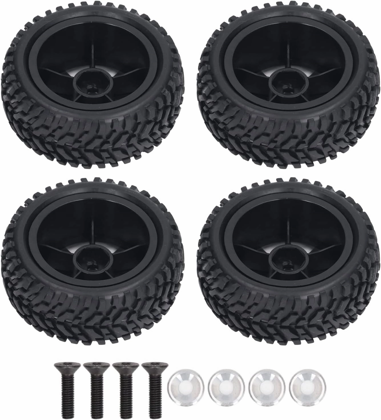 4PCS RC Tires and Wheel Set, 10 Spoke Plastic Wheel Rims with Rubber Tires, Install RC Replacement Tyres for 1/16 RC Car, Abrasion, Stable Driving