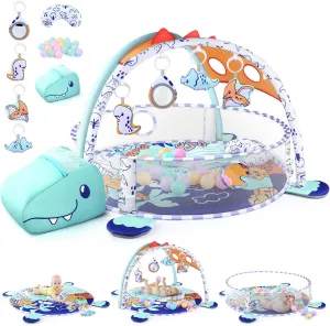 5-in-1 Baby Play Mat - Dinosaur Themed Activity Gym for Babies 0-6 Months with Ball Pit, Detachable Sensory Toys, Pillow, Machine Washable