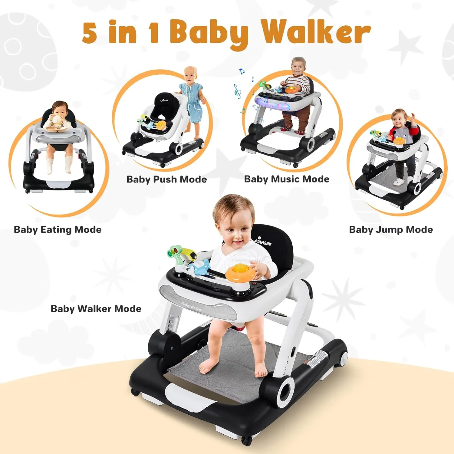 5 in 1 Baby Walker, Activity Baby Walker-Baby Bouncer, Rocker, Activity Center,Seat and Push Walker,Detachable Trampoline Mat, Adjustable Speed Rear Wheels and Height,Ages 6-18 Months (Black)