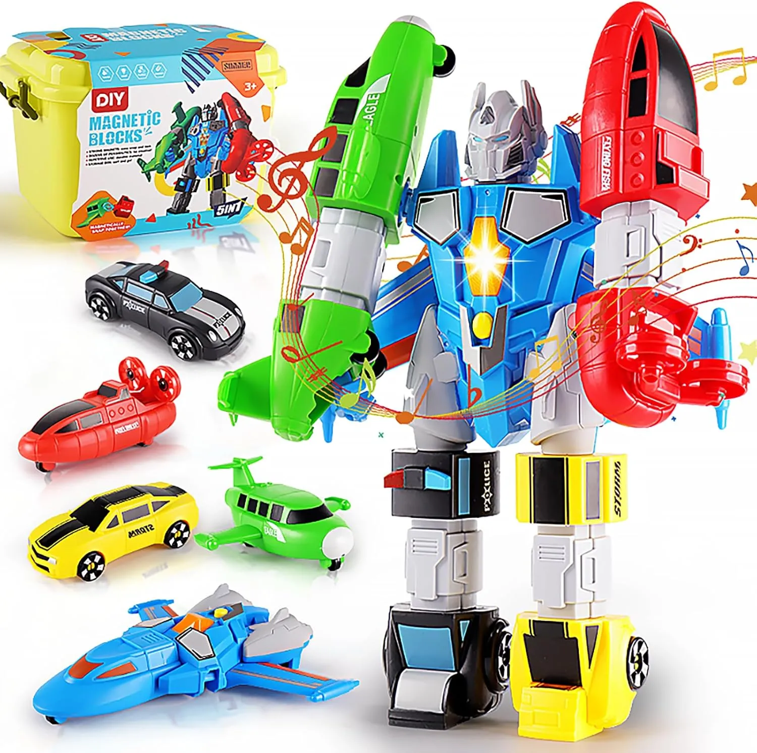 5-in-1 Magnetic Vehicles Toy Playset, Mix and Match STEM Stacking Assembling Car Kit with Storage Box, Transform into Robot, Birthday Gift for Toddler Kids 3 4 5 6 7 Year Old Boys Girls