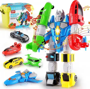 5-in-1 Magnetic Vehicles Toy Playset, Mix and Match STEM Stacking Assembling Car Kit with Storage Box, Transform into Robot, Birthday Gift for Toddler Kids 3 4 5 6 7 Year Old Boys Girls