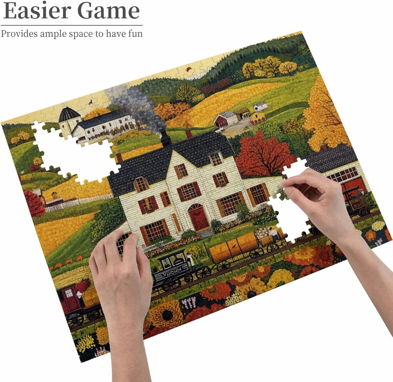 500 Piece Adult Wooden Jigsaw Puzzle - Fields, Houses and Trains,Classic Countryside Charm,Unique Adults Artworks,Exercise Brain Power,Ideal for Hands-on abilit，Gifts for Family