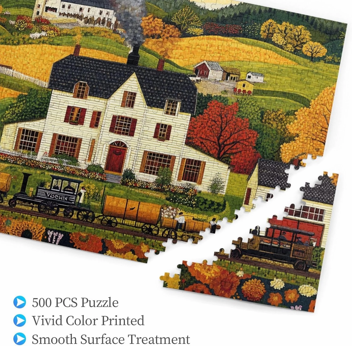 500 Piece Adult Wooden Jigsaw Puzzle - Fields, Houses and Trains,Classic Countryside Charm,Unique Adults Artworks,Exercise Brain Power,Ideal for Hands-on abilit，Gifts for Family